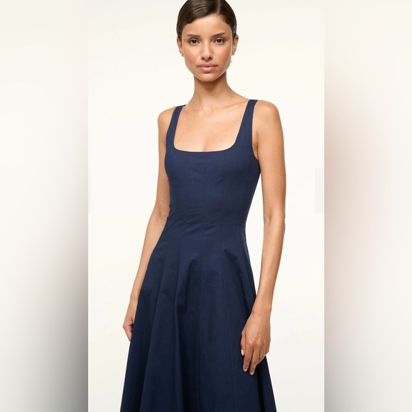 NEW STAUD Wells Stretch Cotton Sleeveless Midi Dress Navy | US 2 UK 6 - Picture 4 of 14
